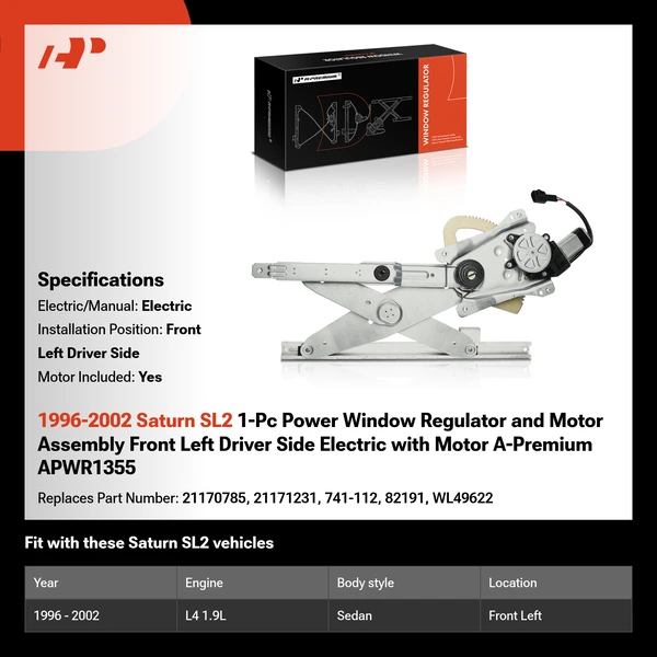 1996-2002 Saturn SL2 1-Pc Power Window Regulator and Motor Assembly Front Left Driver Side Electric with Motor A-Premium APWR1355