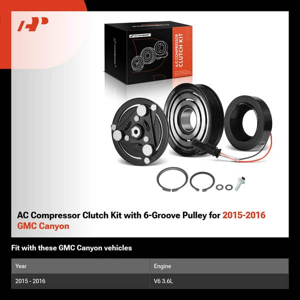 AC Compressor Clutch Kit with 6-Groove Pulley for 2015-2016 GMC Canyon