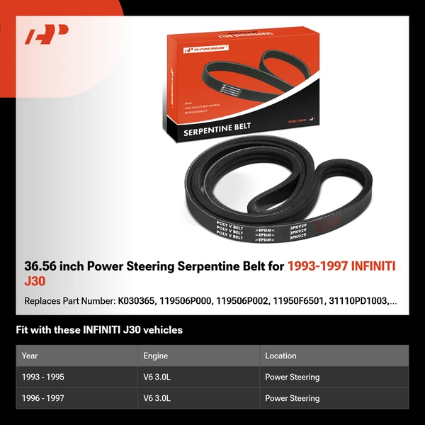 36.56 inch Power Steering Serpentine Belt for 1993-1997 INFINITI J30