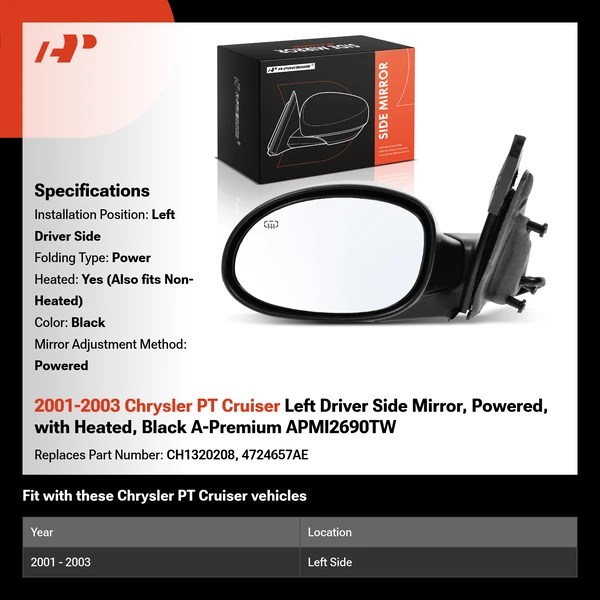 2001-2003 Chrysler PT Cruiser Left Driver Side Mirror, Powered, with Heated, Black A-Premium APMI2690TW