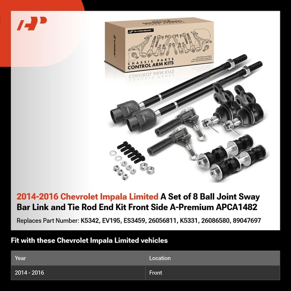 2014-2016 Chevrolet Impala Limited A Set of 8 Ball Joint Sway Bar Link and Tie Rod End Kit Front Side A-Premium APCA1482