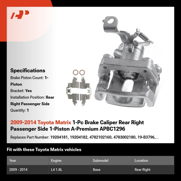 2009-2014 Toyota Matrix 1-Pc Brake Caliper Rear Right Passenger Side 1-Piston A-Premium APBC1296