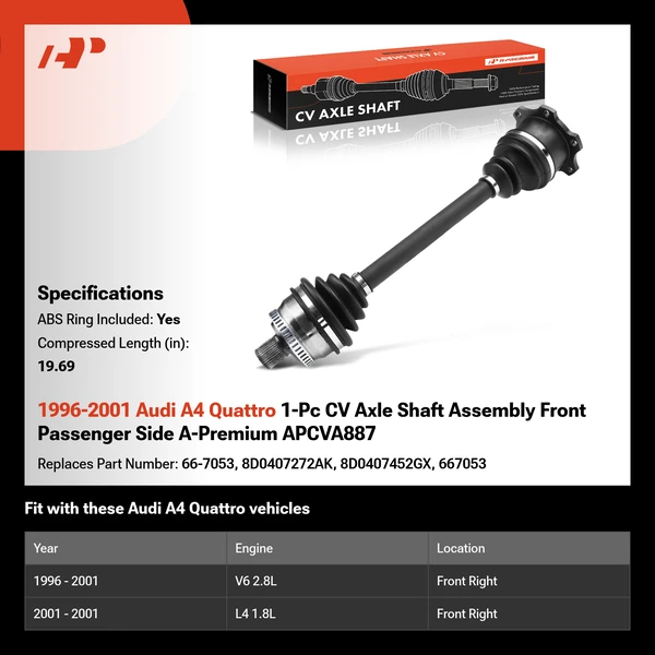 1996-2001 Audi A4 Quattro 1-Pc CV Axle Shaft Assembly Front Passenger Side A-Premium APCVA887