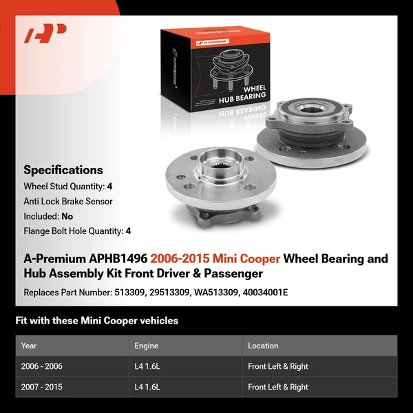 A-Premium APHB1496 2006-2015 Mini Cooper Wheel Bearing and Hub Assembly Kit Front Driver & Passenger