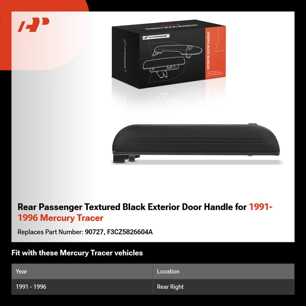 Rear Passenger Textured Black Exterior Door Handle for 1991-1996 Mercury Tracer