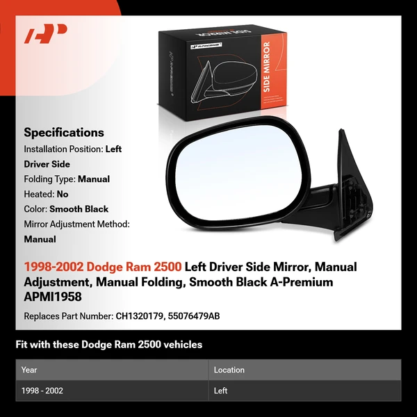 1998-2002 Dodge Ram 2500 Left Driver Side Mirror, Manual Adjustment, Manual Folding, Smooth Black A-Premium APMI1958