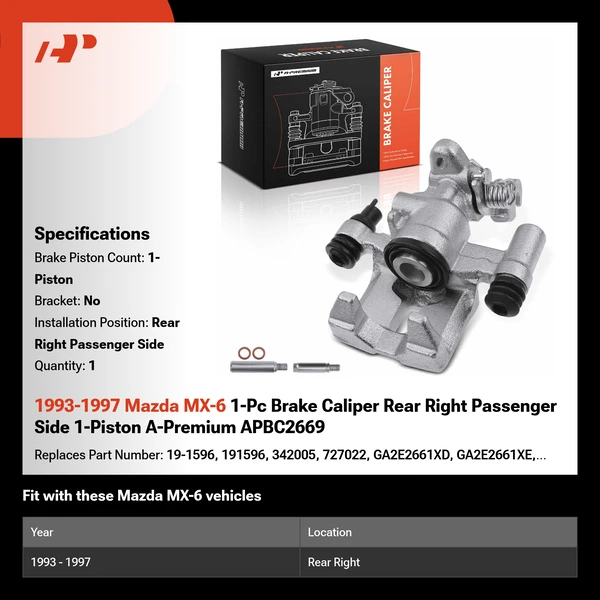 1993-1997 Mazda MX-6 1-Pc Brake Caliper Rear Right Passenger Side 1-Piston A-Premium APBC2669