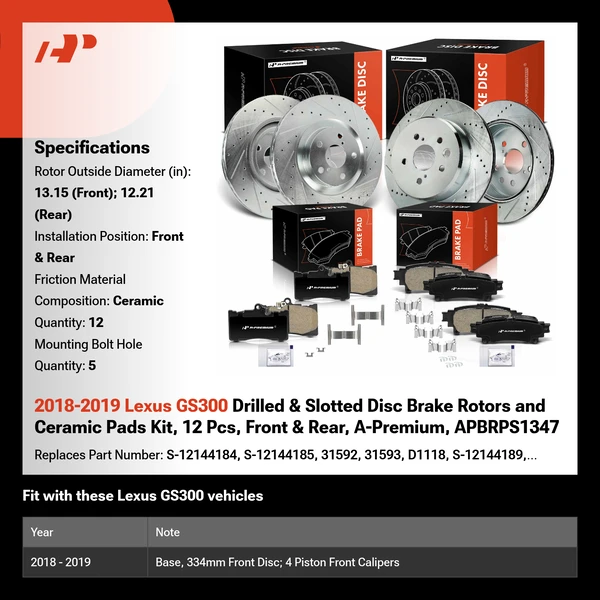 2018-2019 Lexus GS300 Drilled & Slotted Disc Brake Rotors and Ceramic Pads Kit, 12 Pcs, Front & Rear, A-Premium, APBRPS1347