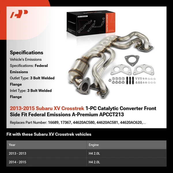 2013-2015 Subaru XV Crosstrek 1-PC Catalytic Converter Front Side Fit Federal Emissions A-Premium APCCT213