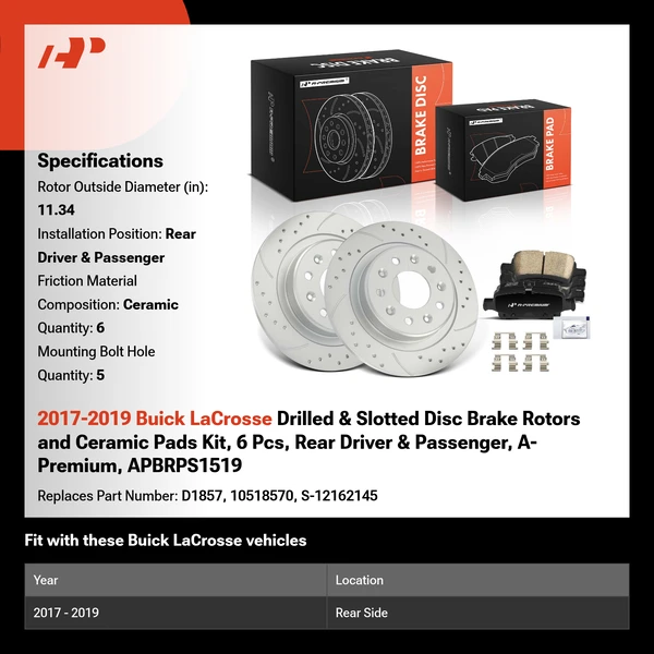 2017-2019 Buick LaCrosse Drilled & Slotted Disc Brake Rotors and Ceramic Pads Kit, 6 Pcs, Rear Driver & Passenger, A-Premium, APBRPS1519