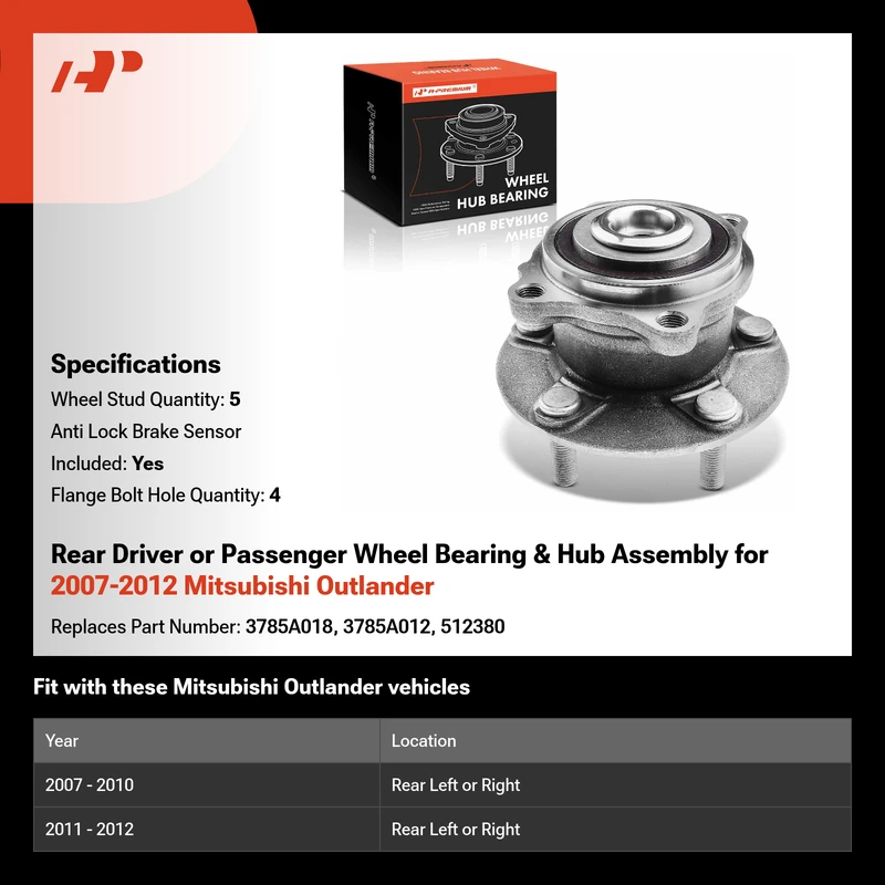 Rear Driver or Passenger Wheel Bearing & Hub Assembly for 2007-2012 Mitsubishi Outlander