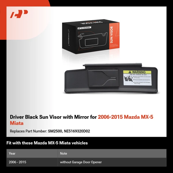 Driver Black Sun Visor with Mirror for 2006-2015 Mazda MX-5 Miata