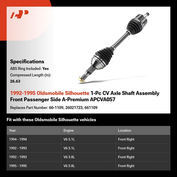 1992-1995 Oldsmobile Silhouette 1-Pc CV Axle Shaft Assembly Front Passenger Side A-Premium APCVA057