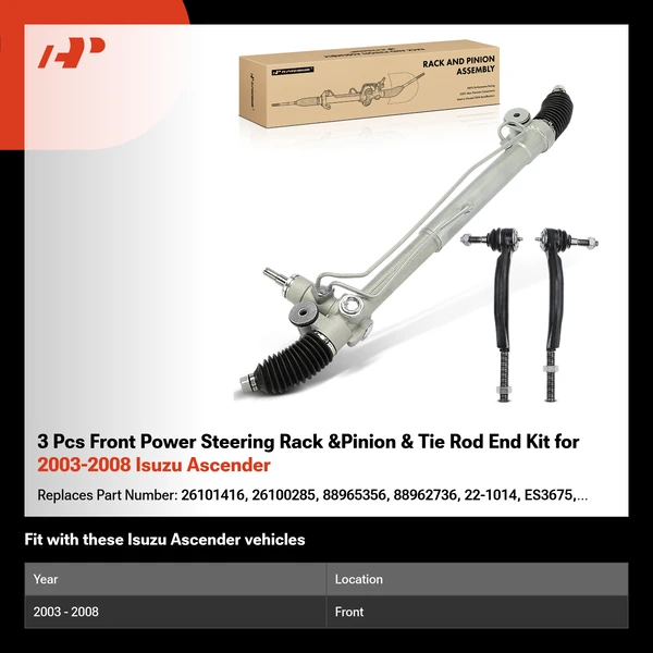 3 Pcs Front Power Steering Rack &Pinion & Tie Rod End Kit for 2003-2008 Isuzu Ascender
