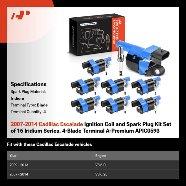 2007-2014 Cadillac Escalade Ignition Coil and Spark Plug Kit Set of 16 Iridium Series, 4-Blade Terminal A-Premium APIC0593