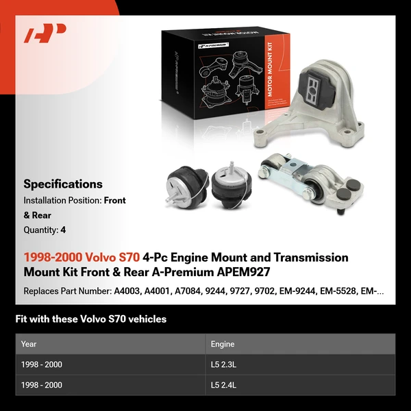 1998-2000 Volvo S70 4-Pc Engine Mount and Transmission Mount Kit Front & Rear A-Premium APEM927