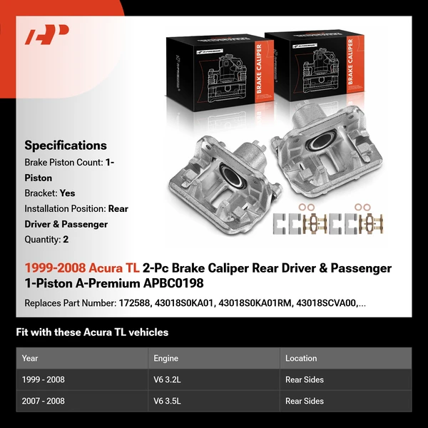 1999-2008 Acura TL 2-Pc Brake Caliper Rear Driver & Passenger 1-Piston A-Premium APBC0198
