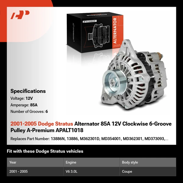 2001-2005 Dodge Stratus Alternator 85A 12V Clockwise 6-Groove Pulley A-Premium APALT1018