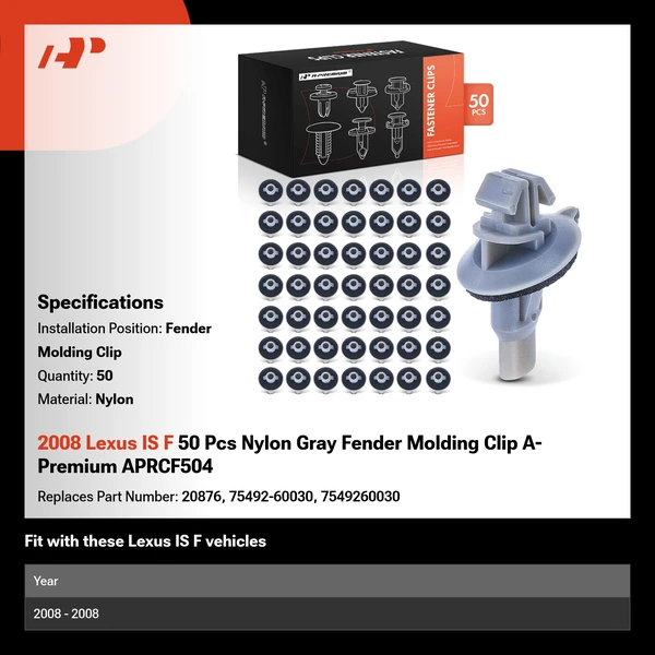2008 Lexus IS F 50 Pcs Nylon Gray Fender Molding Clip A-Premium APRCF504