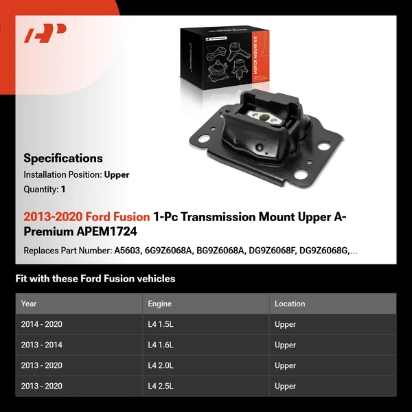2013-2020 Ford Fusion 1-Pc Transmission Mount Upper A-Premium APEM1724