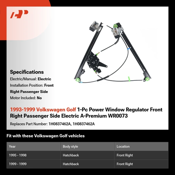 1993-1999 Volkswagen Golf 1-Pc Power Window Regulator Front Right Passenger Side Electric A-Premium WR0073