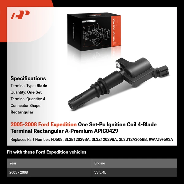 2005-2008 Ford Expedition One Set-Pc Ignition Coil 4-Blade Terminal Rectangular A-Premium APIC0429