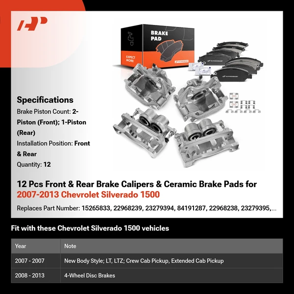 12 Pcs Front & Rear Brake Calipers & Ceramic Brake Pads for 2007-2013 Chevrolet Silverado 1500