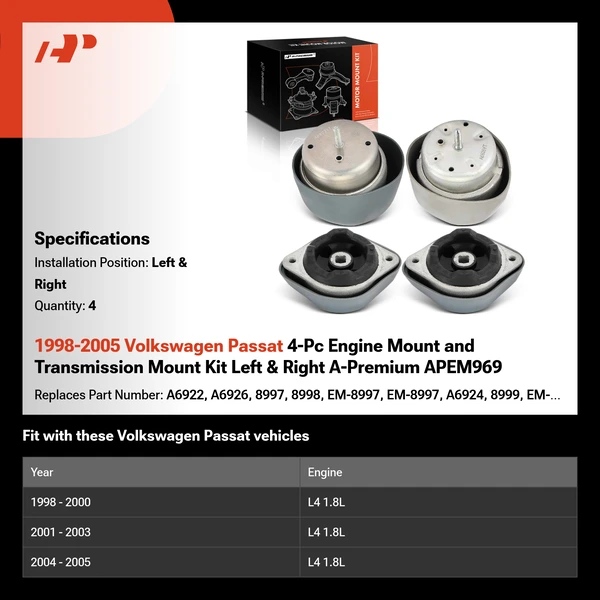 1998-2005 Volkswagen Passat 4-Pc Engine Mount and Transmission Mount Kit Left & Right A-Premium APEM969