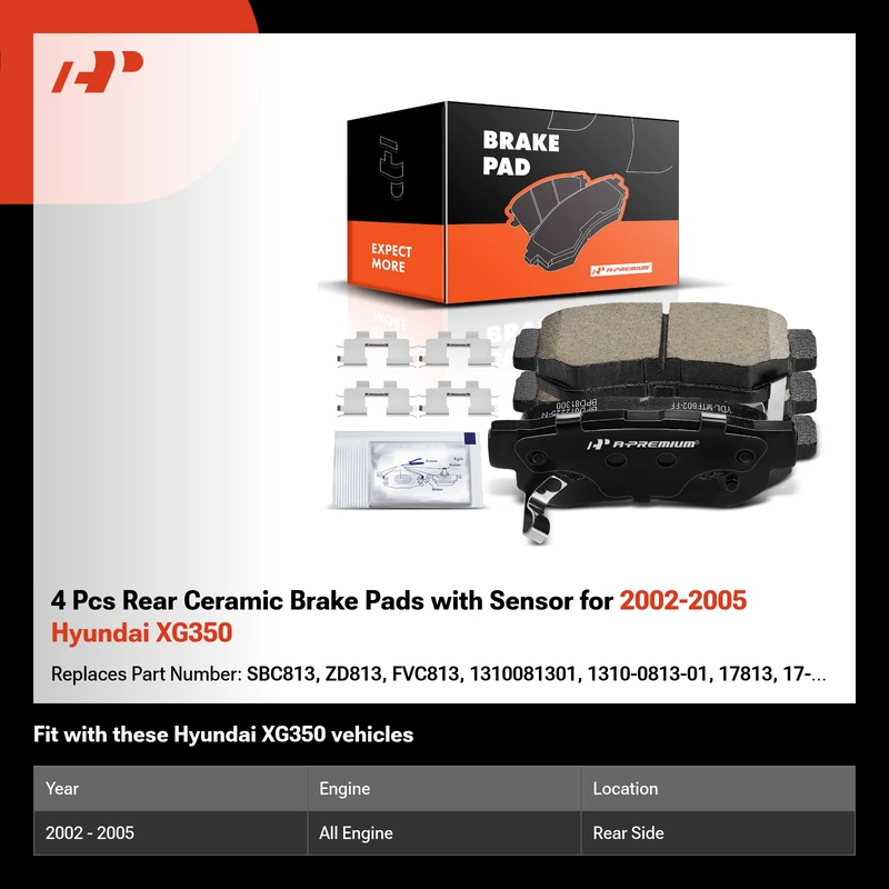 4 Pcs Rear Ceramic Brake Pads with Sensor for 2002-2005 Hyundai XG350