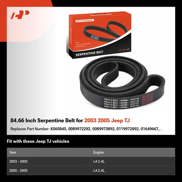 84.66 Inch Serpentine Belt for 2003 2005 Jeep TJ