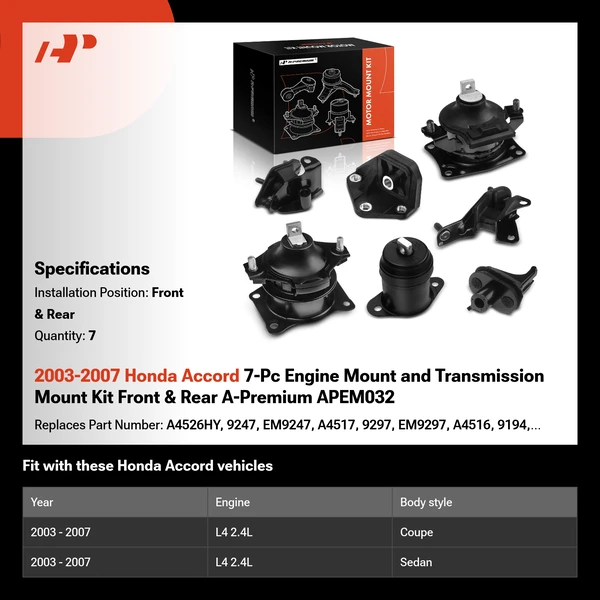 2003-2007 Honda Accord 7-Pc Engine Mount and Transmission Mount Kit Front & Rear A-Premium APEM032