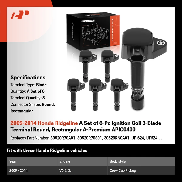 2009-2014 Honda Ridgeline A Set of 6-Pc Ignition Coil 3-Blade Terminal Round, Rectangular A-Premium APIC0400