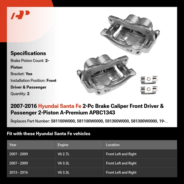 2007-2016 Hyundai Santa Fe 2-Pc Brake Caliper Front Driver & Passenger 2-Piston A-Premium APBC1343