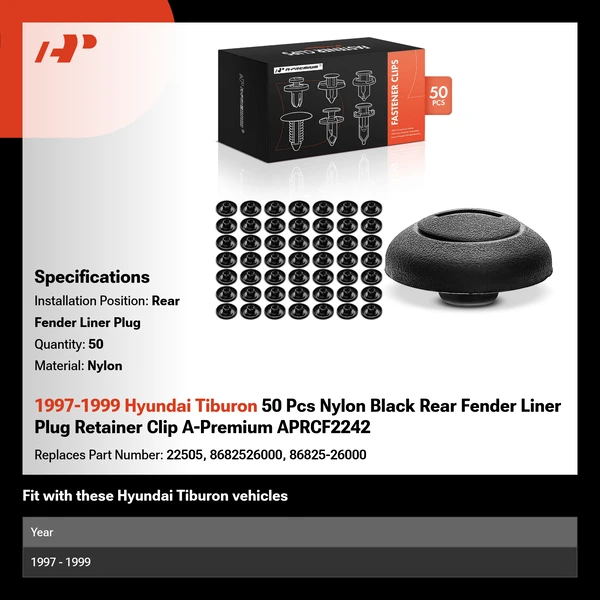 1997-1999 Hyundai Tiburon 50 Pcs Nylon Black Rear Fender Liner Plug Retainer Clip A-Premium APRCF2242
