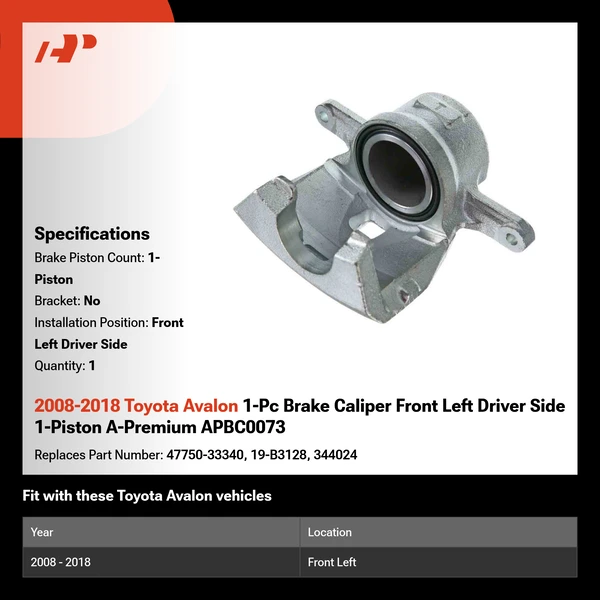 2008-2018 Toyota Avalon 1-Pc Brake Caliper Front Left Driver Side 1-Piston A-Premium APBC0073