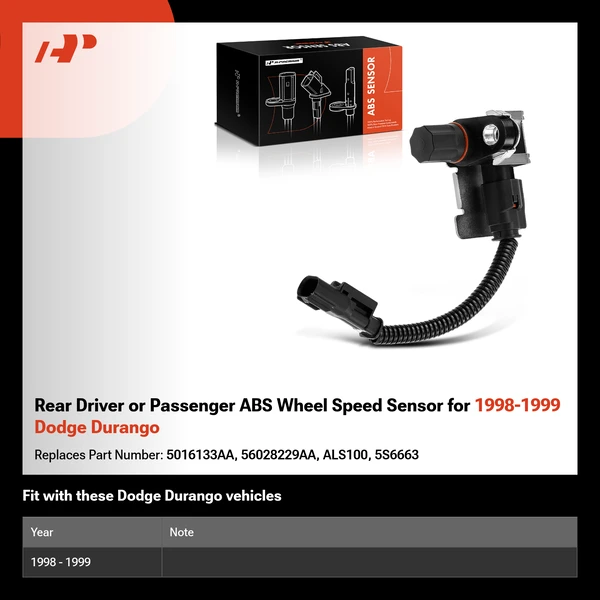 Rear Driver or Passenger ABS Wheel Speed Sensor for 1998-1999 Dodge Durango