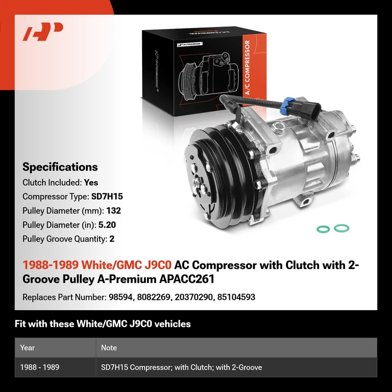 1988-1989 White/GMC J9C0 AC Compressor with Clutch with 2-Groove Pulley A-Premium APACC261