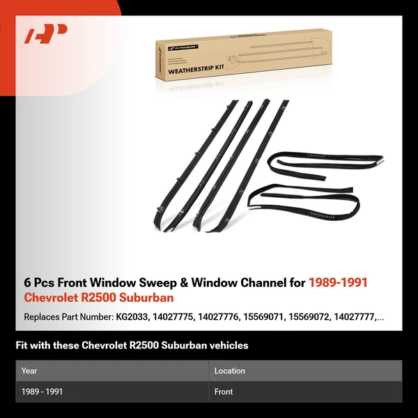 6 Pcs Front Window Sweep & Window Channel for 1989-1991 Chevrolet R2500 Suburban