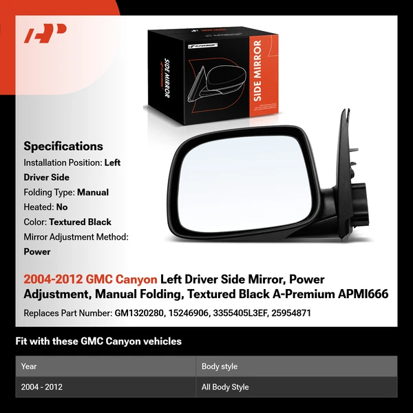 2004-2012 GMC Canyon Left Driver Side Mirror, Power Adjustment, Manual Folding, Textured Black A-Premium APMI666