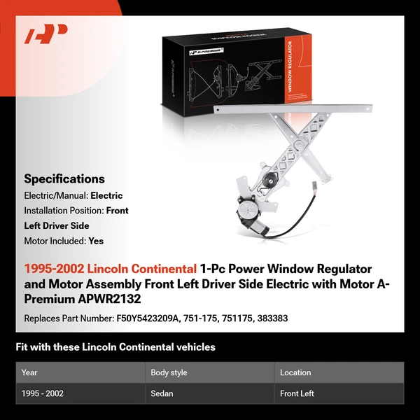 1995-2002 Lincoln Continental 1-Pc Power Window Regulator and Motor Assembly Front Left Driver Side Electric with Motor A-Premium APWR2132