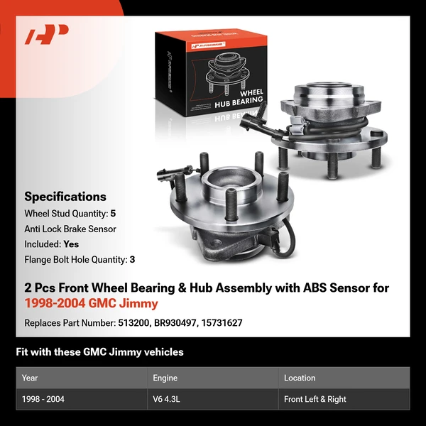 2 Pcs Front Wheel Bearing & Hub Assembly with ABS Sensor for 1998-2004 GMC Jimmy