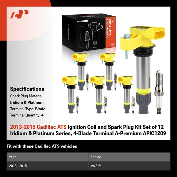 2013-2015 Cadillac ATS Ignition Coil and Spark Plug Kit Set of 12 Iridium & Platinum Series, 4-Blade Terminal A-Premium APIC1209
