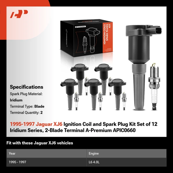1995-1997 Jaguar XJ6 Ignition Coil and Spark Plug Kit Set of 12 Iridium Series, 2-Blade Terminal A-Premium APIC0660