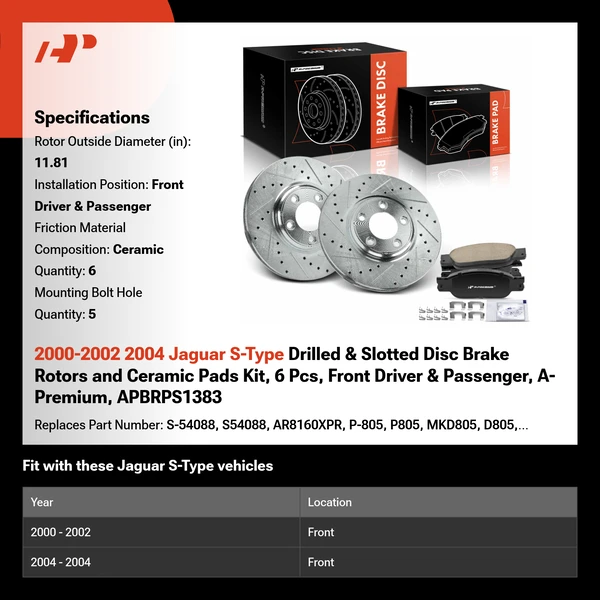 2000-2002 2004 Jaguar S-Type Drilled & Slotted Disc Brake Rotors and Ceramic Pads Kit, 6 Pcs, Front Driver & Passenger, A-Premium, APBRPS1383