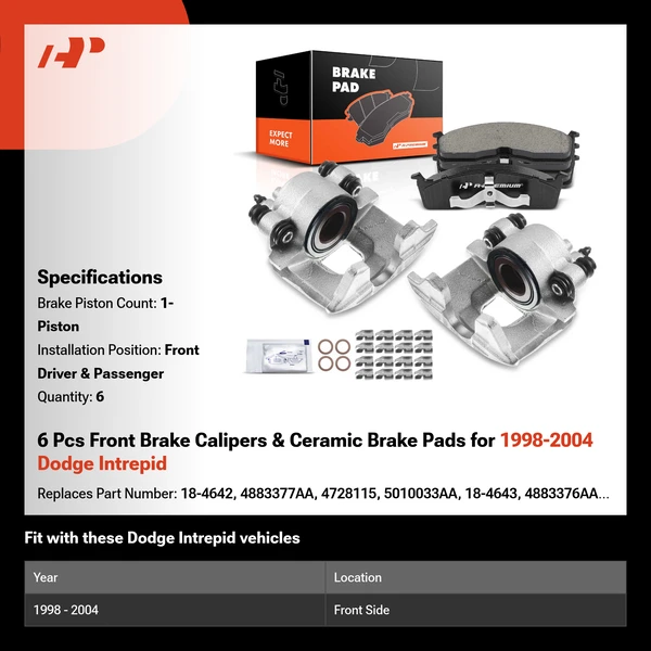 6 Pcs Front Brake Calipers & Ceramic Brake Pads for 1998-2004 Dodge Intrepid