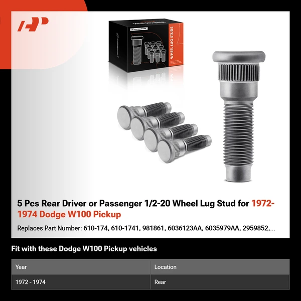5 Pcs Rear Driver or Passenger 1/2-20 Wheel Lug Stud for 1972-1974 Dodge W100 Pickup