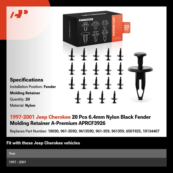 1997-2001 Jeep Cherokee 20 Pcs 6.4mm Nylon Black Fender Molding Retainer A-Premium APRCF3926