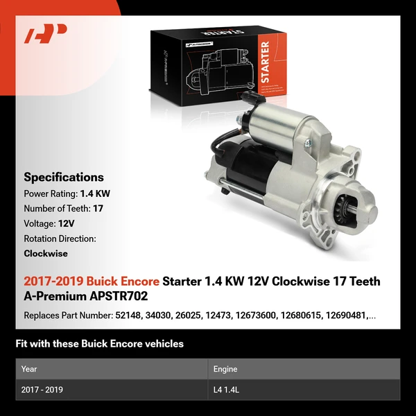 2017-2019 Buick Encore Starter 1.4 KW 12V Clockwise 17 Teeth A-Premium APSTR702