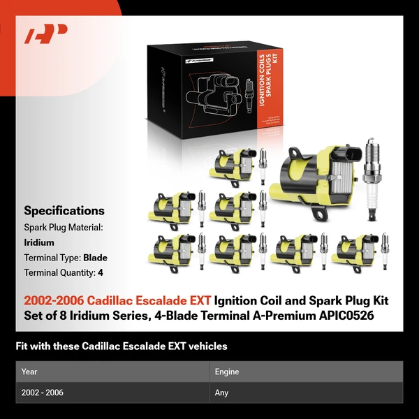 2002-2006 Cadillac Escalade EXT Ignition Coil and Spark Plug Kit Set of 8 Iridium Series, 4-Blade Terminal A-Premium APIC0526
