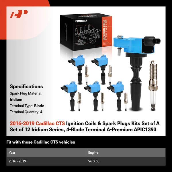 2016-2019 Cadillac CTS Ignition Coils & Spark Plugs Kits Set of 12 Iridium Series, 4-Blade Terminal A-Premium APIC1393